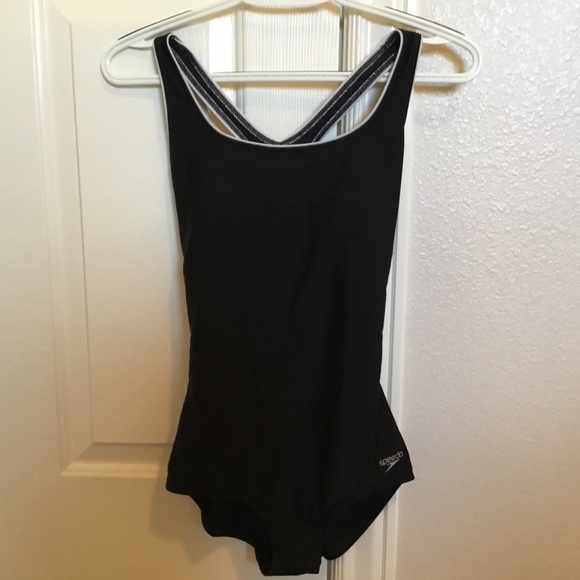 Speedo Ultraback one piece black with white piping swimsuit - Picture 4 of 12
